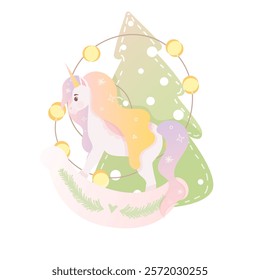 Cute cartoon unicorn toy with Christmas tree. Vector illustration in soft colors. Happy New Year card for children. For print, cards, invitation, sublimation, t shirt and clothes design