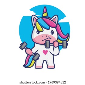 Cute Caricatura Unicornio Entrenamiento Gym Fitness Por Levantar la bestia y el timbre. Dibujo de un icono de estilo plano con dibujos animados con animales Logotipo de vectores premium