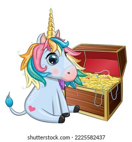 Cute cartoon unicorn and treasure chest, pirates. Summer, sea, palm trees