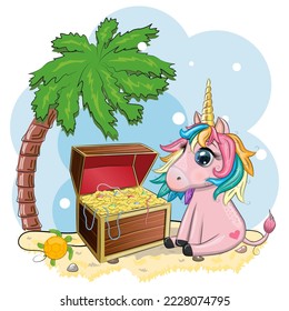 Cute cartoon unicorn and treasure chest, pirates. Summer, sea, palm trees, beach