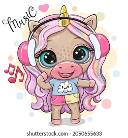 Cute Cartoon Unicorn in a t-shirt and shorts with headphones