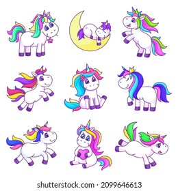 Cute cartoon unicorn. Unicorns design, fashion baby elements. Girl animals, cutie magic horses and pony. Garish objects for birthday or party vector set