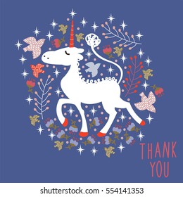 Cute cartoon unicorn. Vector greeting card. Hand lettering "Thank you."
