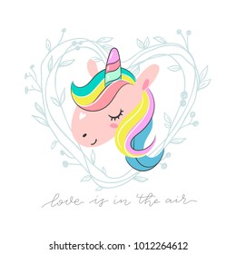 Cute cartoon unicorn vector illustration. Love is in the air greeting card.  Perfect for kids apparel, fabric, textile, nursery decoration, greeting card, t-shirt design, print or poster. 