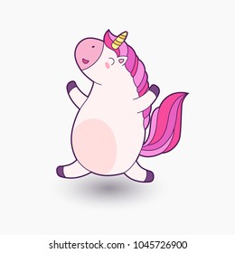 Cute cartoon unicorn. Vector illustration. Funny unicorn happily jumping and smiling