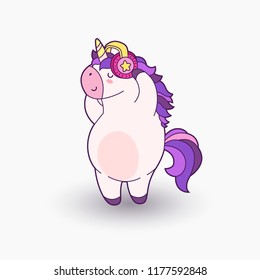 Cute cartoon unicorn. Vector illustration. Funny unicorn in headphones listening to music