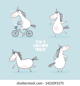 Cute cartoon unicorn vector illustration. Summer print with hand drawn unicorn riding a bicycle