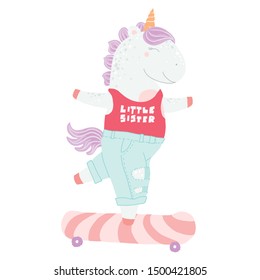 Cute cartoon unicorn. Vector illustration. Funny unicorn on skateboard