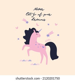 Cute cartoon  unicorn vector illustration. Postcard with pink unicorn and inscription. Flat design.