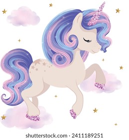 Cute cartoon unicorn, vector illustration for kids artworks, t shirt prints, wallpapers.