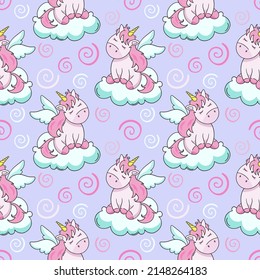 Cute Cartoon Einicorn, Vektornahtloses Muster im Doodles-Stil, handgezeichnet