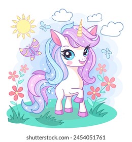 A cute cartoon unicorn walks in a clearing with flowers and butterflies. Theme of magic and sorcery. For children's design of prints, posters, cards, stickers, puzzles, etc. Vector illustration