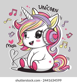 Cute cartoon unicorn wearing headphones sitting listening to music with a happy face isolated on gray background illustration vector.