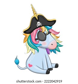 Cute cartoon unicorn wearing a pirate hat and eye patch. Summer, sea, palm trees, beach