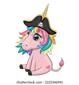 Cute cartoon unicorn wearing a pirate hat and eye patch. Summer, sea, palm trees, beach