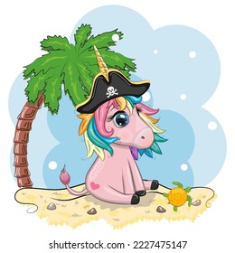 Cute cartoon unicorn wearing a pirate hat and eye patch. Summer, sea, palm trees, beach