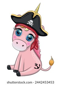 Cute cartoon unicorn wearing a pirate hat and eye patch. Summer, sea, palm trees, beach