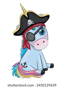 Cute cartoon unicorn wearing a pirate hat and eye patch. Summer, sea, palm trees, beach