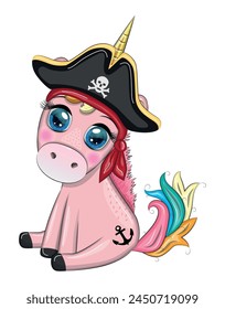 Cute cartoon unicorn wearing a pirate hat and eye patch. Summer, sea, palm trees, beach