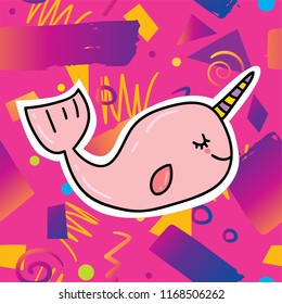 Cute cartoon unicorn whale narwhal illustration print design with bright pink hipster trendy gradient background. Sticker patch badge illustration