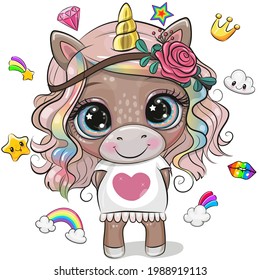 Cute Cartoon Unicorn in a white dress with long hair