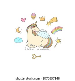 Cute cartoon unicorn with wings. Mythical creature. Hand drawing isolated objects on white background. Vector illustration. 