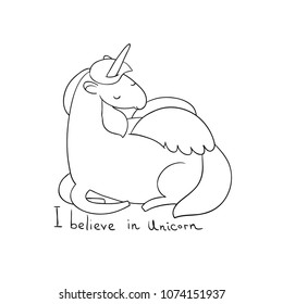 Cute cartoon unicorn with wings. Mythical creature. Hand drawing isolated objects on white background. Vector illustration. 