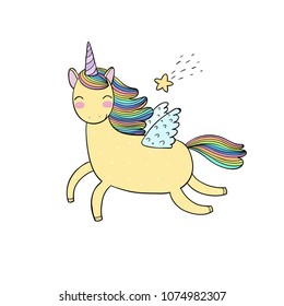 Cute cartoon unicorn with wings. Mythical creature.  isolated objects on white background. Vector illustration. 