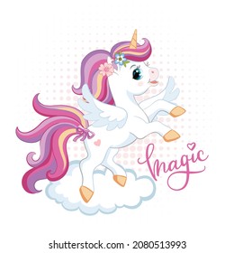 Cute cartoon unicorn with wings, rainbow and lettering. Vector isolated illustration. Funny animal character. For greeting cards, poster, design, sticker, decor, embroidery and kids apparel