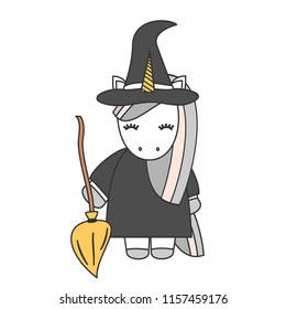 cute cartoon unicorn witch with broom halloween vector illustration isolated on white background