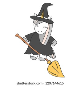 cute cute cartoon unicorn witch flying on broom halloween vector illustration isolated on white background