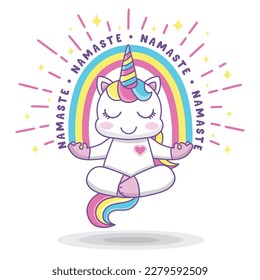 Cute cartoon unicorn in yoga pose.Unique hand drawn vector illustration with pretty pony character.Cartoon animal vector illustration.Little animal pattern design.Adorable t-shirt design for kids.