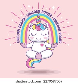 Cute cartoon unicorn in yoga pose.Unique hand drawn vector illustration with pretty pony character.Cartoon animal vector illustration.Little animal pattern design.Unicorn power print tee graphic.