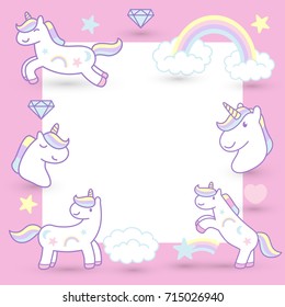 Cute cartoon unicorns banner, vector illustration