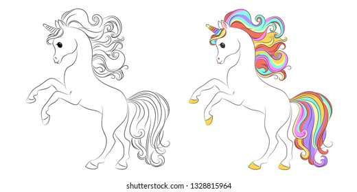 Cute cartoon unicorns. Black and white and colored vector for coloring book, unicorn print and poster