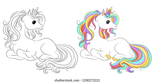 Unicornios de dibujos animados. Vectores en blanco y negro y en color para libros de colorantes, impresiones y afiches de unicornio