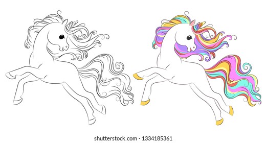 Cute cartoon unicorns. Black and white and colored vector for coloring book, unicorn print and poster