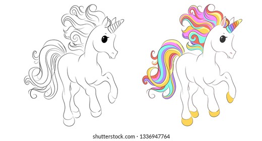 Cute cartoon unicorns. Black and white and colored vector for coloring book, unicorn print and poster