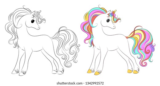 Cute cartoon unicorns. Black and white and colored vector for coloring book, unicorn print and poster