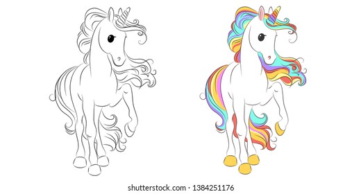 Cute cartoon unicorns. Black and white and colored vector for coloring book, unicorn print and poster