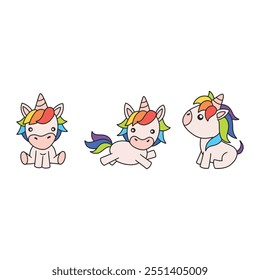 Cute Cartoon Unicorns with Colorful Tails and Manes – Magical Whimsical Illustration