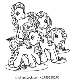 Cute cartoon unicorns Coloring book page Vector illustration, Children background, Coloring page unicorn, Magic pony cartoon, Sketch animals, Animals coloring page 