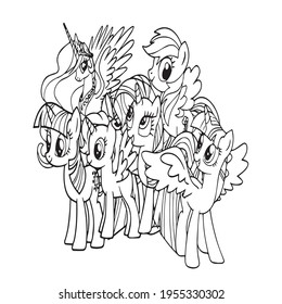 Cute cartoon unicorns Coloring book page Vector illustration, Children background, Coloring page unicorn, Magic pony cartoon, Sketch animals, Animals coloring page 