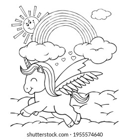 Cute cartoon unicorns Coloring book page Vector illustration, Children background, Coloring page unicorn, Magic pony cartoon, Sketch animals, Animals coloring page 