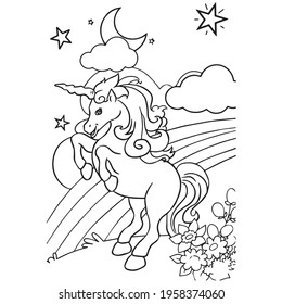 Cute cartoon unicorns Coloring book page Vector illustration, Children background, Coloring page unicorn, Magic pony cartoon, Sketch animals, Animals coloring page