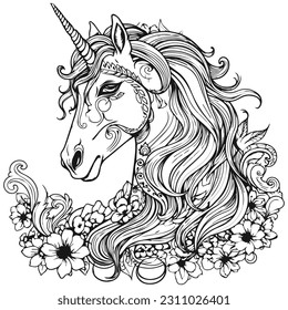 Cute cartoon unicorns Coloring book page Vector illustration, Children background, Magic pony cartoon, Sketch animals, Animals coloring page.