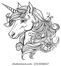 Cute cartoon unicorns Coloring book page Vector illustration, Children background, Magic pony cartoon, Sketch animals, Animals coloring page.