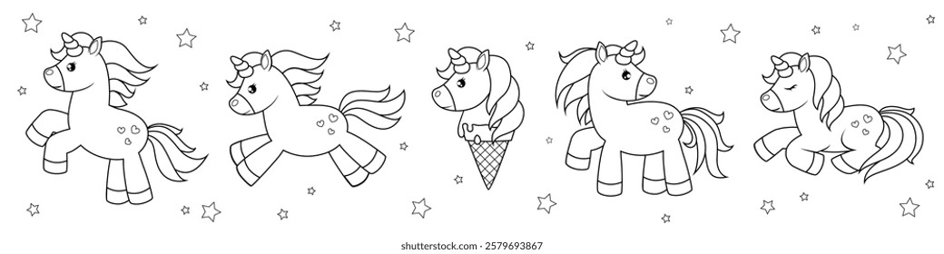 Cute cartoon unicorns with developing manes and tails. Black  and white illustration for coloring book