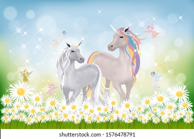 Cute cartoon unicorns family and little fairies flying around, Wonderland Spring scene with two horse walking at chamomiles flowers and green grass fields with blurry bokeh light effect background.