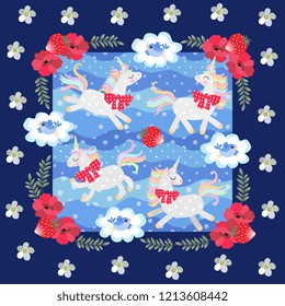 Cute cartoon unicorns and little blue birds on blue polka dot background in beautiful floral frame. Patchwork pattern for baby.